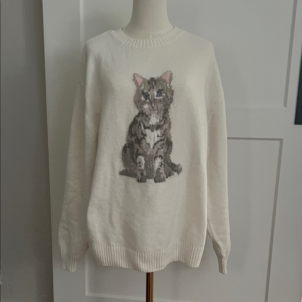 Hollister Cream Cat Print Sweater
